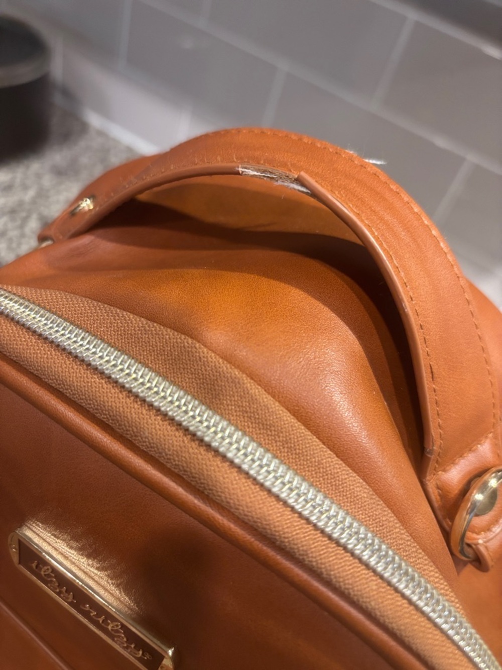 Itzy Ritzy Men's Cognac/Tan Faux Leather Backpack with Gold Hardware - Picture 3 of 6